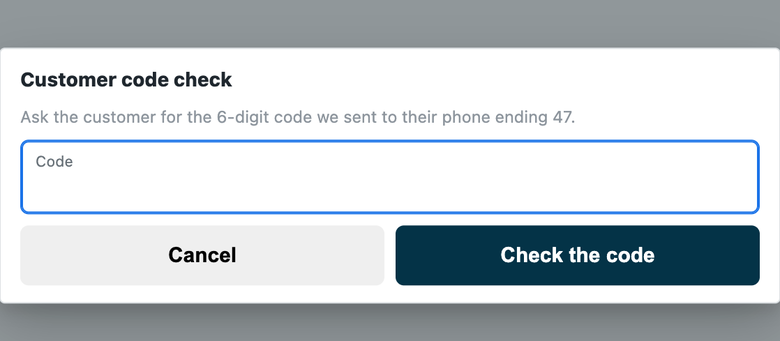 The till asking for the 6-digit code sent to the customer's phone