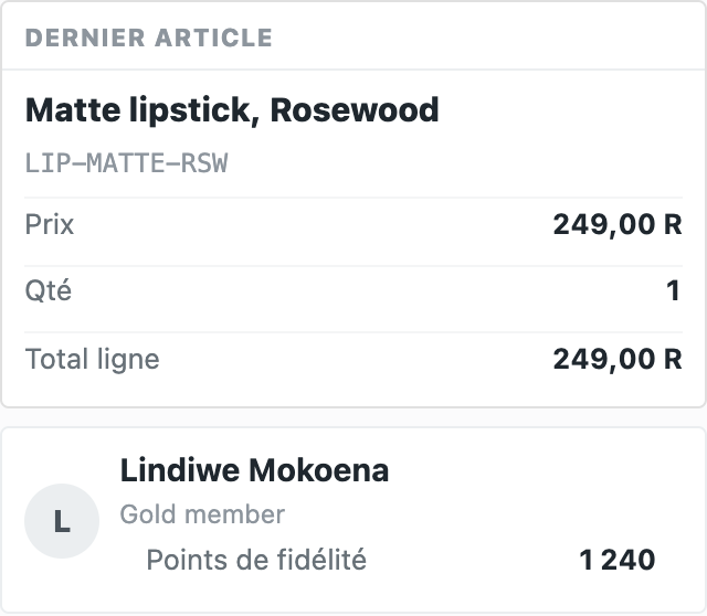 iVendNext POS pendant une vente : un rouge à lèvres mat, et le membre Lindiwe Mokoena, membre Gold, 1,240 points de fidélité