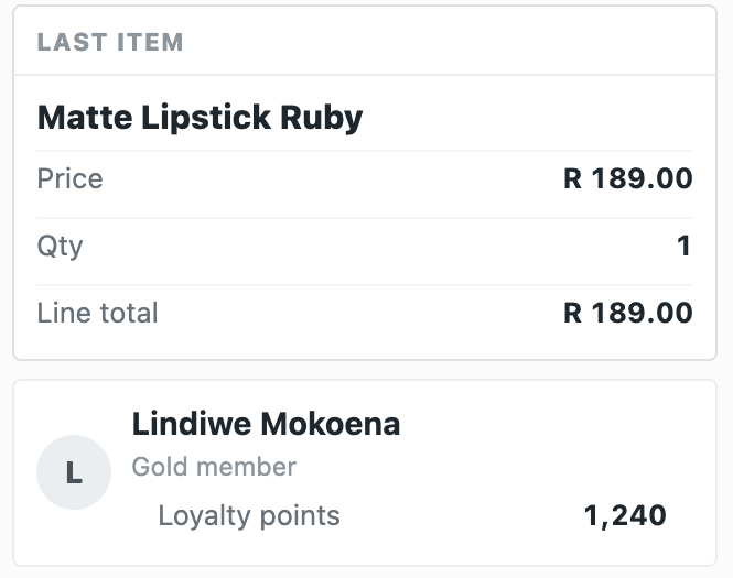 iVendNext POS during a sale: a matte lipstick, and the member Lindiwe Mokoena, Gold member, 1,240 loyalty points