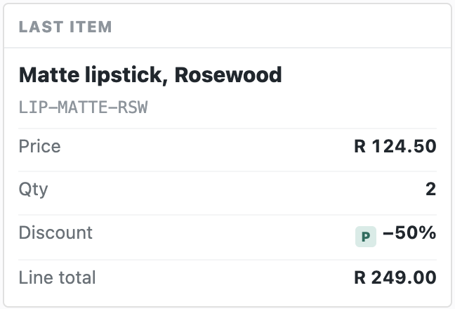 iVendNext POS with two matte lipsticks, buy one get one free, worked out at the till