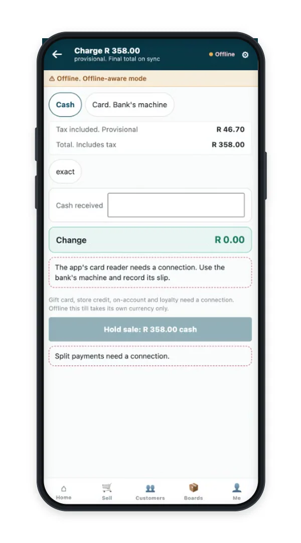 iVendNext POS on a phone selling while the network is down, with the offline band showing