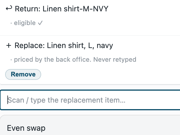 An exchange on iVendNext POS: a linen shirt in size M returned and the same shirt in size L sold, an even swap of R 0.00