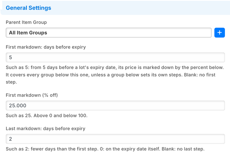 An item group's markdown steps: 25% off from 5 days before expiry, the last step 2 days before
