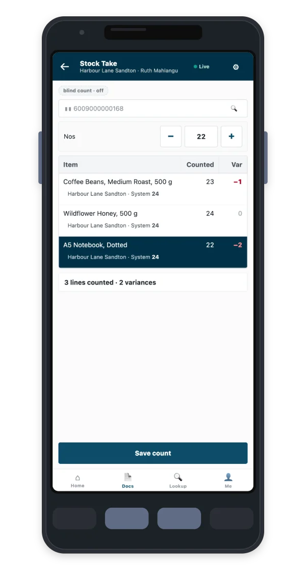 iVendNext Handheld on a phone: a stock take with counted quantities and variances