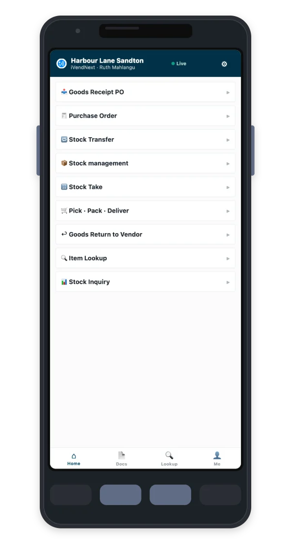 iVendNext Handheld's task list on a phone, beside a barcode scanner
