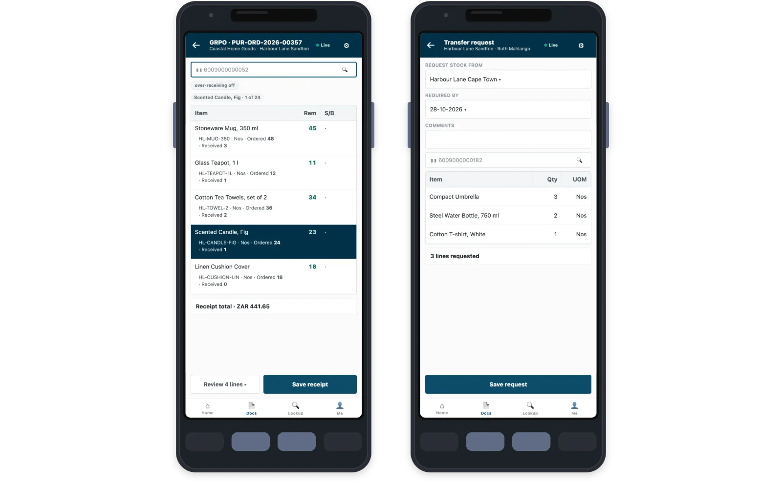 Dos teléfonos con iVendNext Handheld: órdenes de compra abiertas en espera de recepción y un movimiento de stock entre dos tiendas