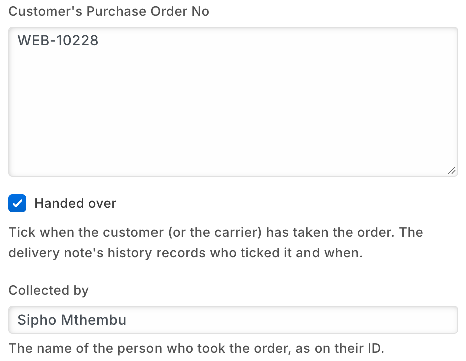 A web order handed over in store: order WEB-10228, ticked handed over, collected by Sipho Mthembu