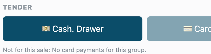 The till's payment screen with the card left out for a customer group, and the rule's reason