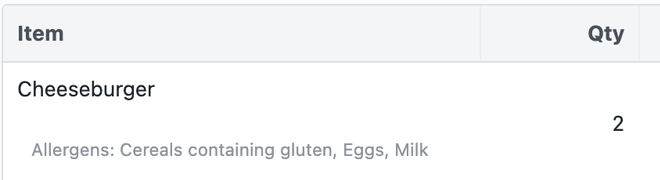 A cheeseburger on the till with its allergens under the line: cereals containing gluten, eggs, milk