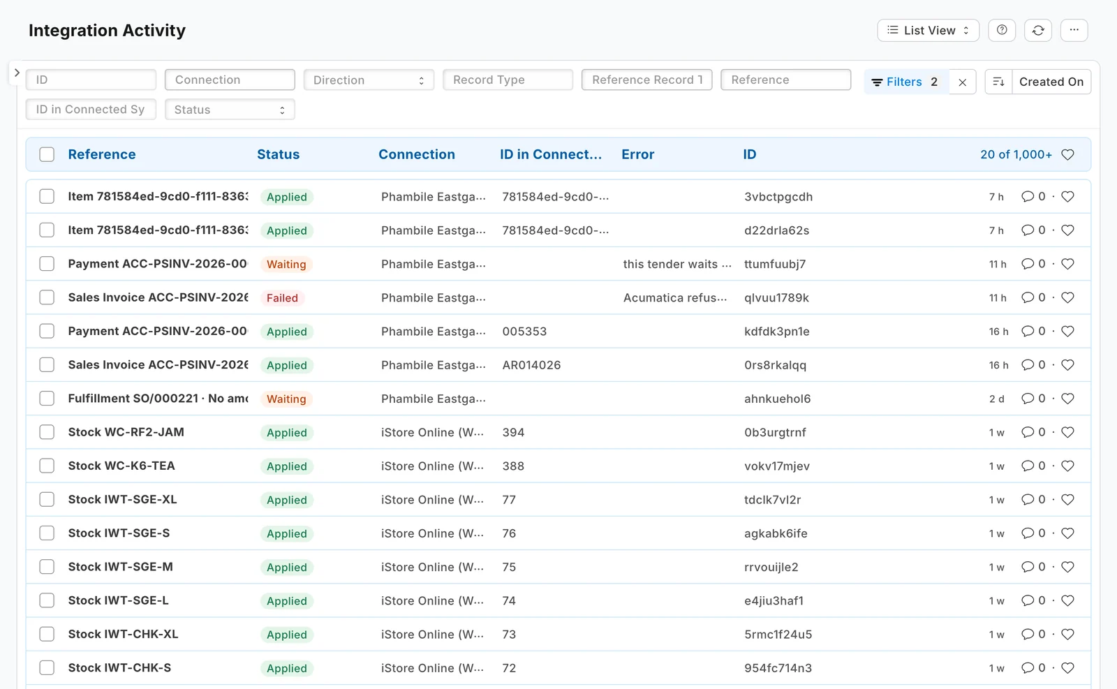 نشاط التكامل (Integration Activity) عبر اتصالي Acumatica وWooCommerce: أصناف ومخزون مطبّقة، وعملية دفع وتنفيذ طلبية ينتظران مع سببهما، وفاتورة مبيعات رفضتها Acumatica، مع سببها