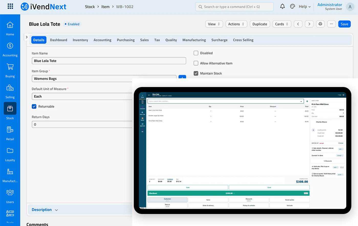 The back office's item record for a tote bag, with iVendNext POS selling the same item on a terminal