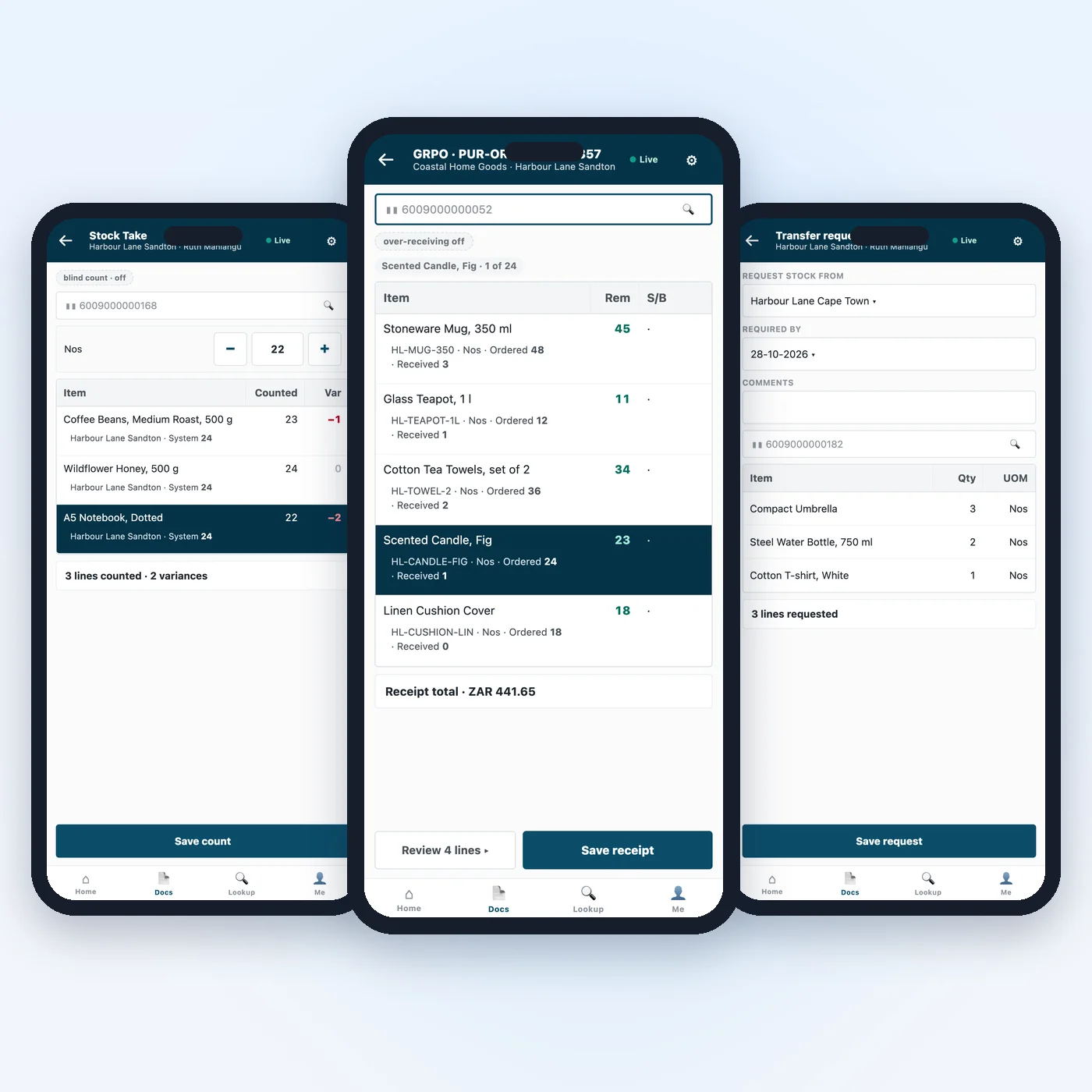 Three phones running iVendNext Handheld: a delivery received against its purchase order at Harbour Lane Sandton, a stock count with its variances, and a transfer request between two stores