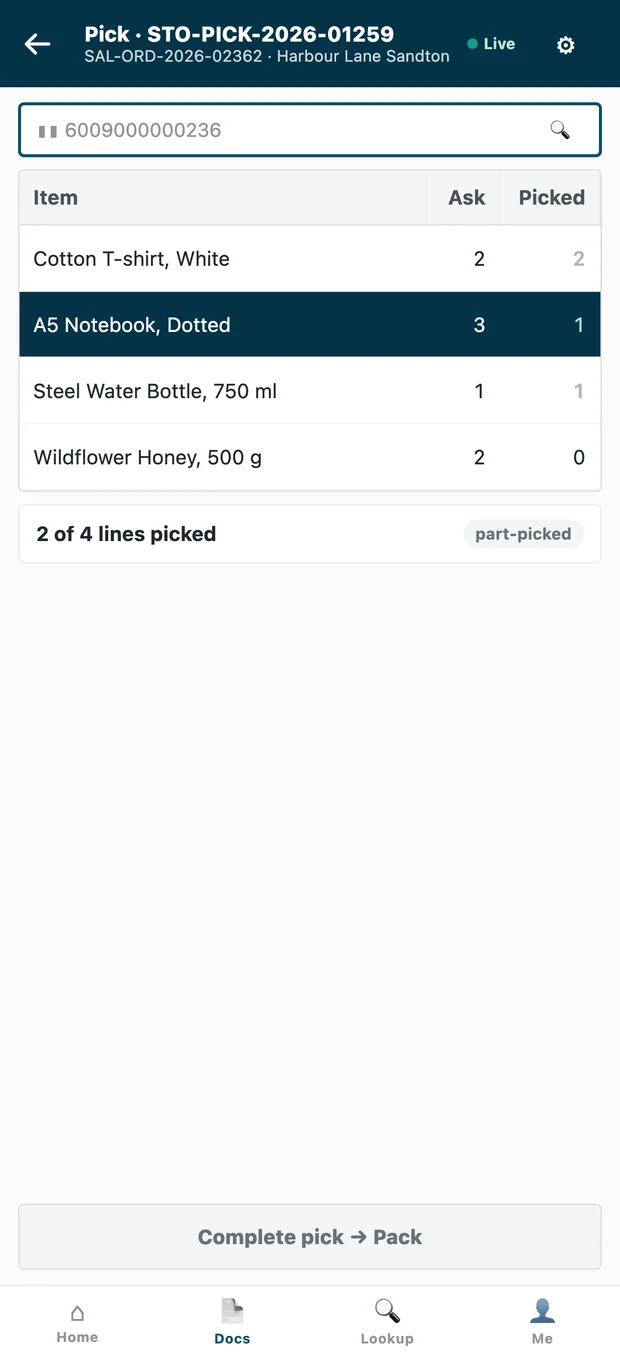 A pick list on iVendNext Handheld for a sales order at Harbour Lane Sandton: items asked for and picked, two of four lines done