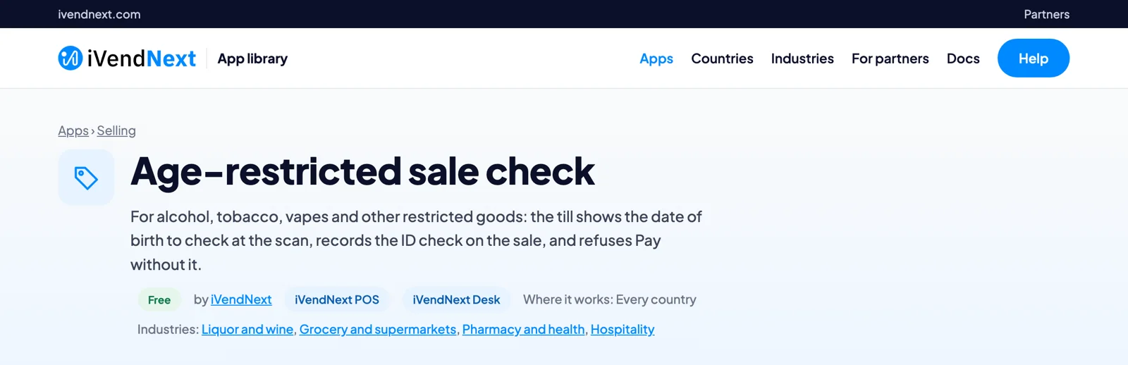 An App library card: the age-restricted sale check, what it does, that it is free and by iVendNext, and that it works with iVendNext POS and iVendNext Desk