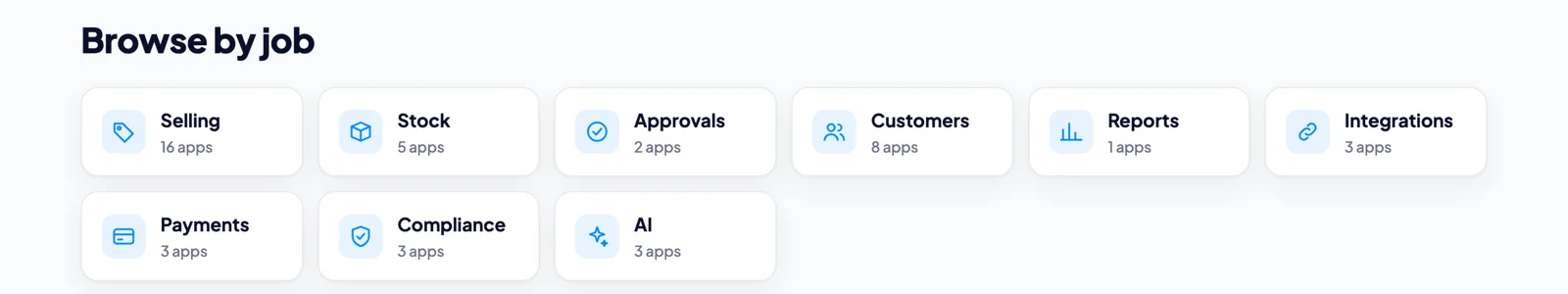 The App library's Browse by job section: Selling, Stock, Approvals, Customers, Reports, Integrations, Payments, Compliance and AI