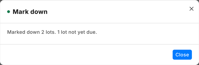 iVendNext Desk confirming a markdown: two lots marked down, one due later