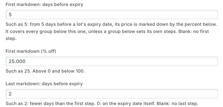 An item group's markdown steps: 25% off from 5 days before expiry, the last step 2 days before