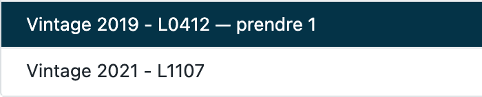 Le choix des lots sur iVendNext POS pour un vin géré par millésime : 2019 et 2021