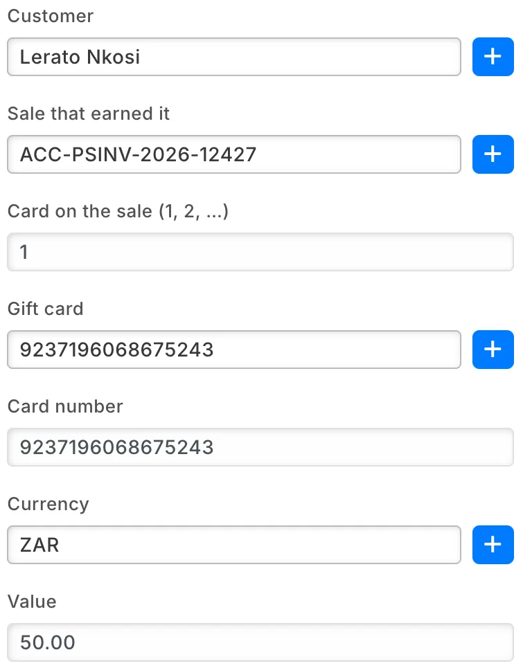 The record in iVendNext Desk of a gift card earned on spend: the customer, the sale that earned it, the card number, the currency and a value of 50.00