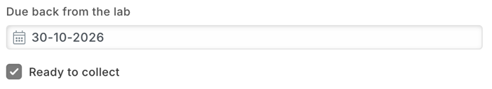 A lab order on iVendNext: due back from the lab on 30-10-2026, ticked ready to collect