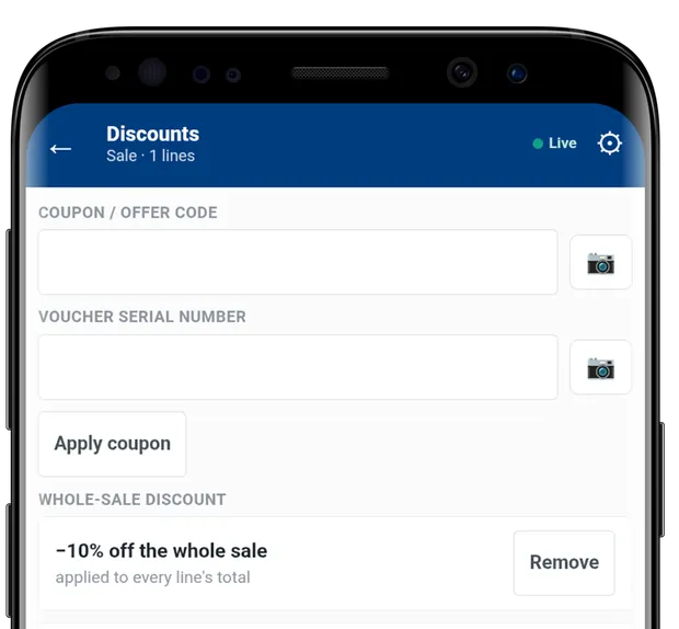 iVendNext POS en un teléfono: campos de cupón y vale y un descuento sobre toda la venta