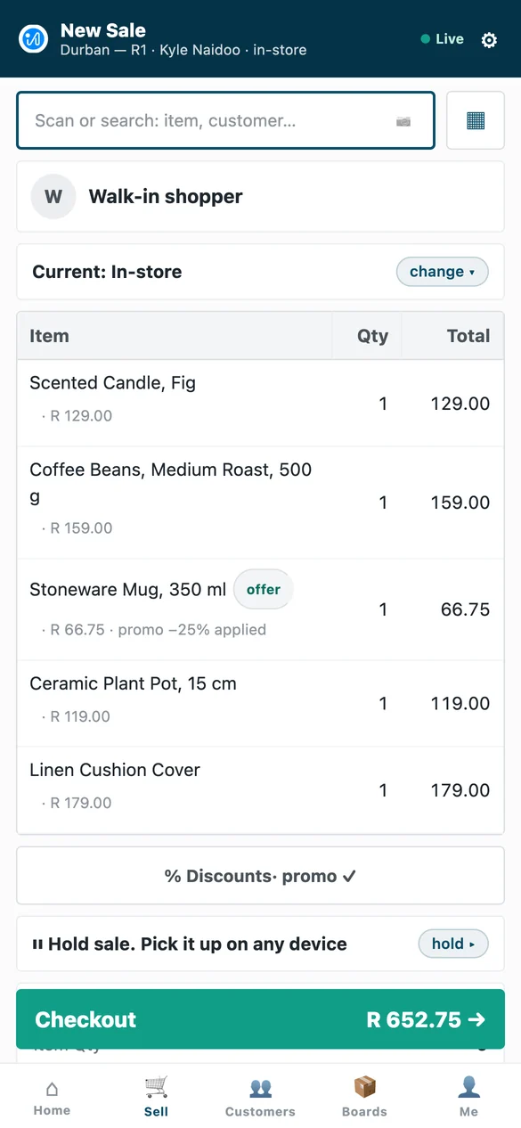 iVendNext POS on a phone: a basket of five items, Checkout R 652.75
