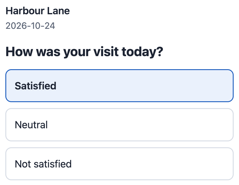 The page a customer opens after the visit: how was your visit today, with three answers